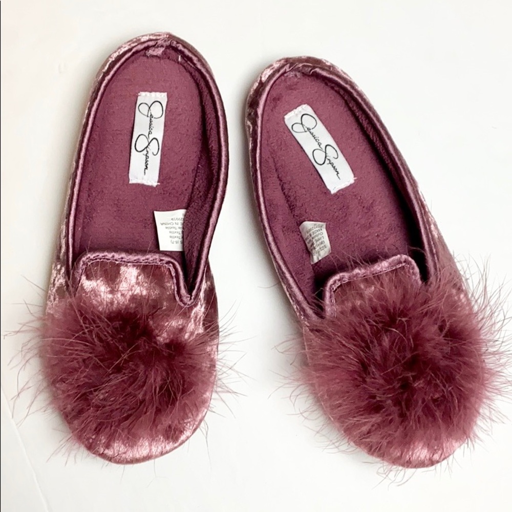 Jessica Simpson Velvet Pom Pom Slippers